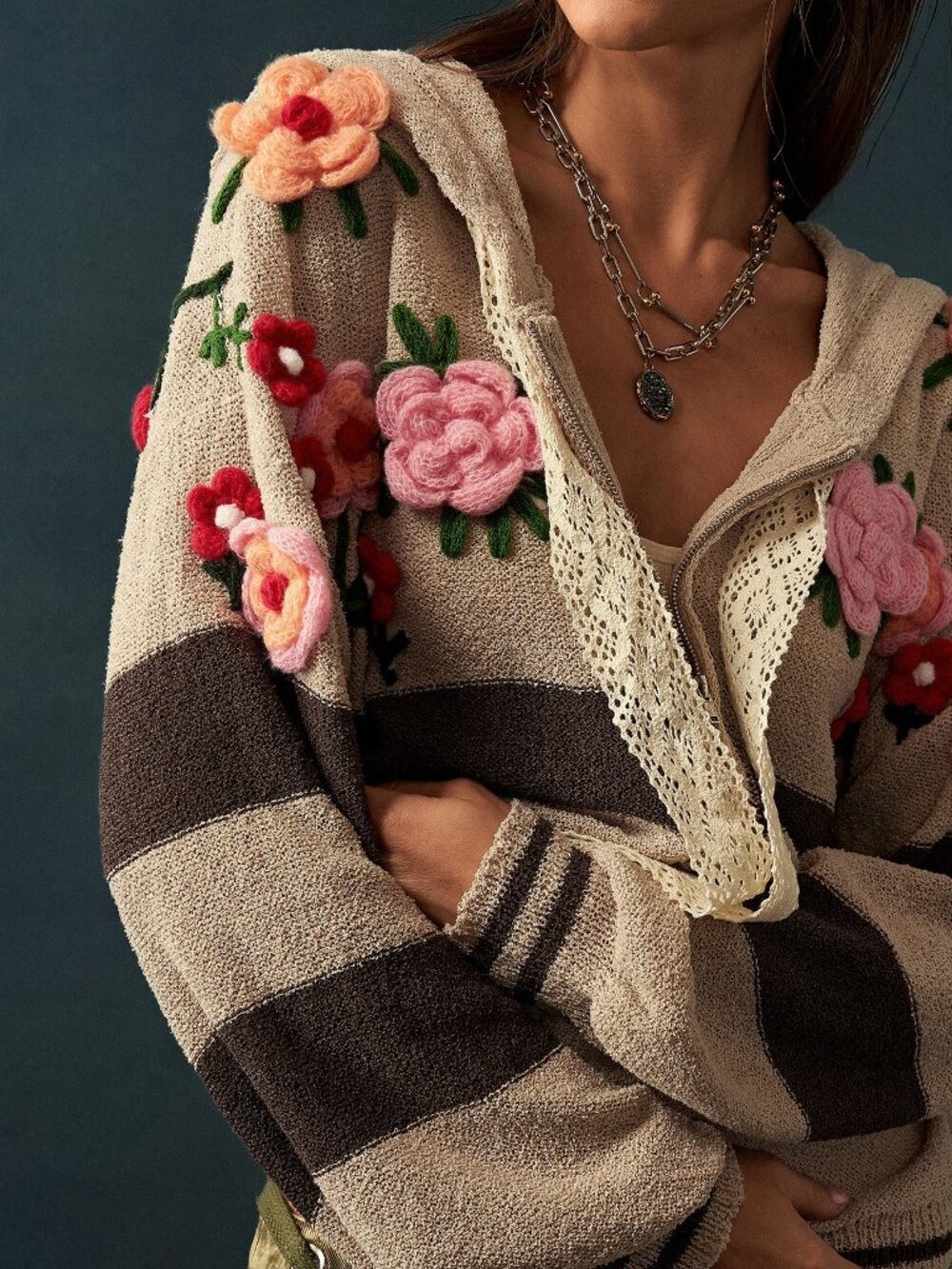 Apricot Casual Women's Colorblock Embroidered Knit Band Hat Cardigan
